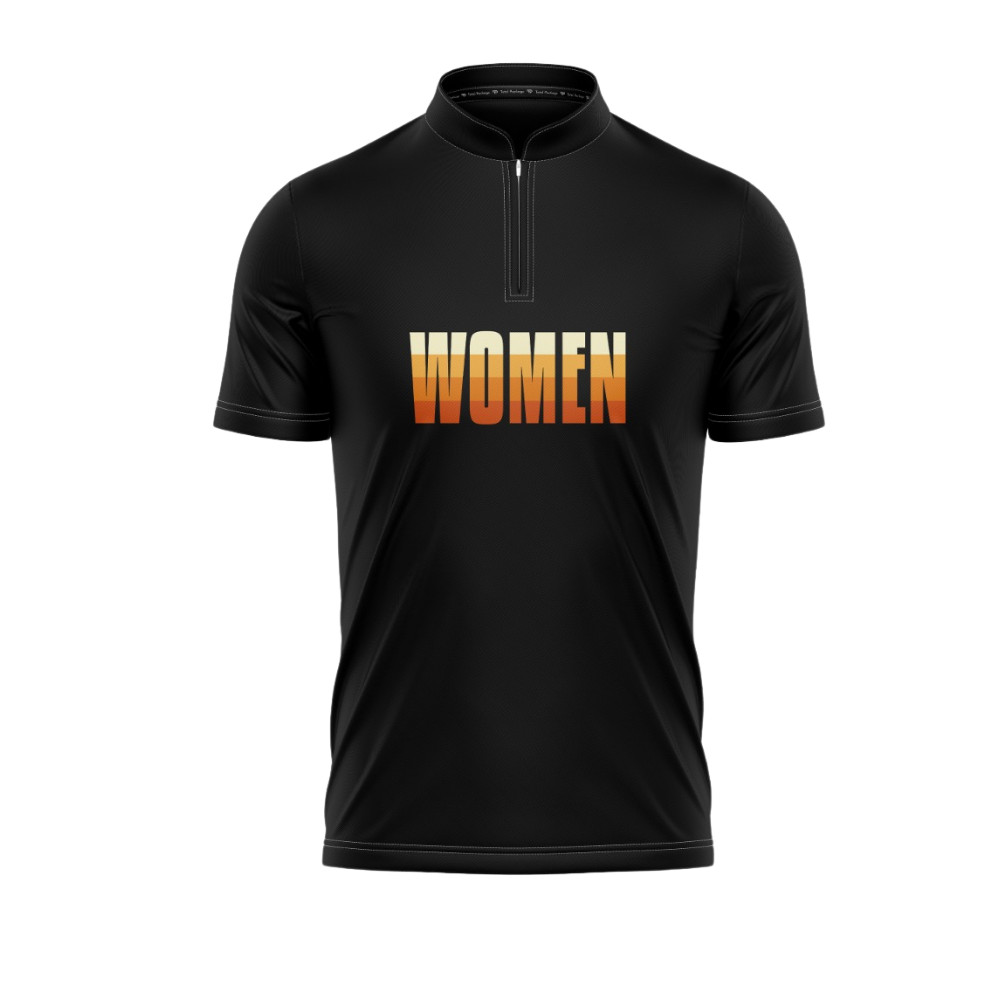 Black shirt with 'WOMEN' printed in orange on a white background