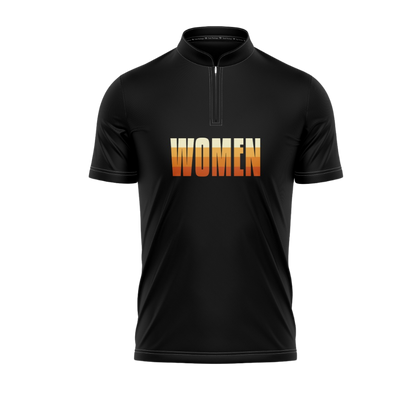 Black shirt with 'WOMEN' printed in orange on a white background