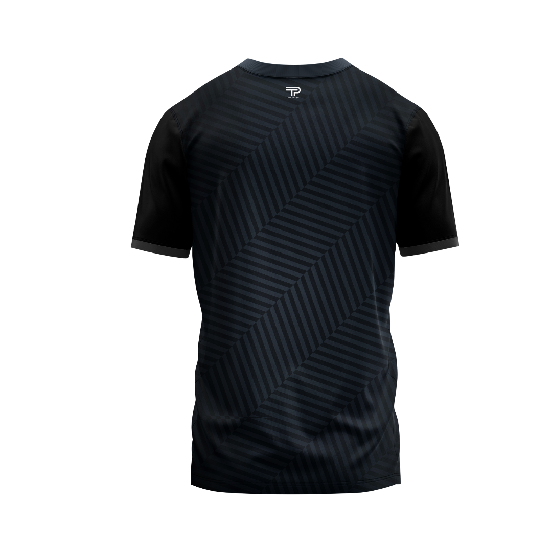 Black sports jersey with a geometric pattern on a white background