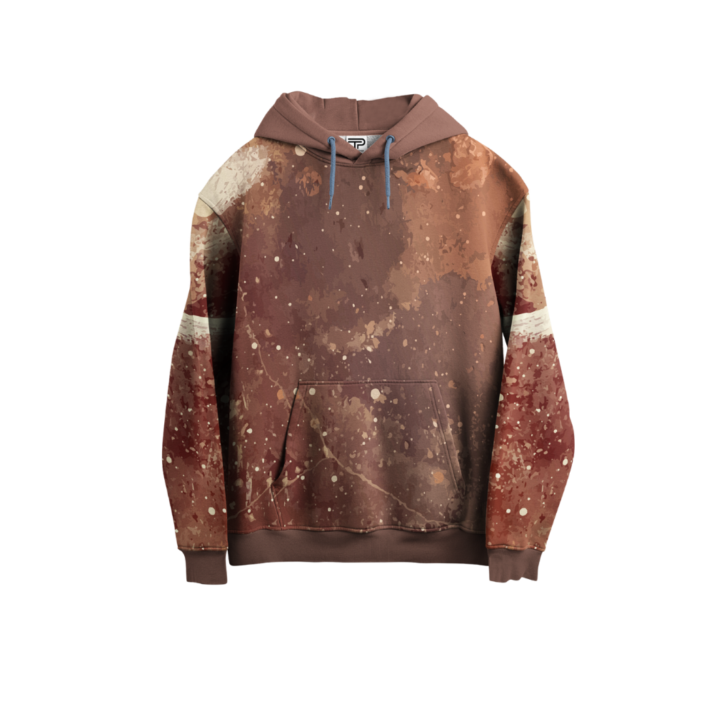 Brown and beige patterned hoodie on a white background