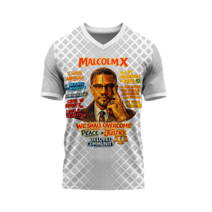 T-shirt with a graphic of Malcolm X and text on a white background