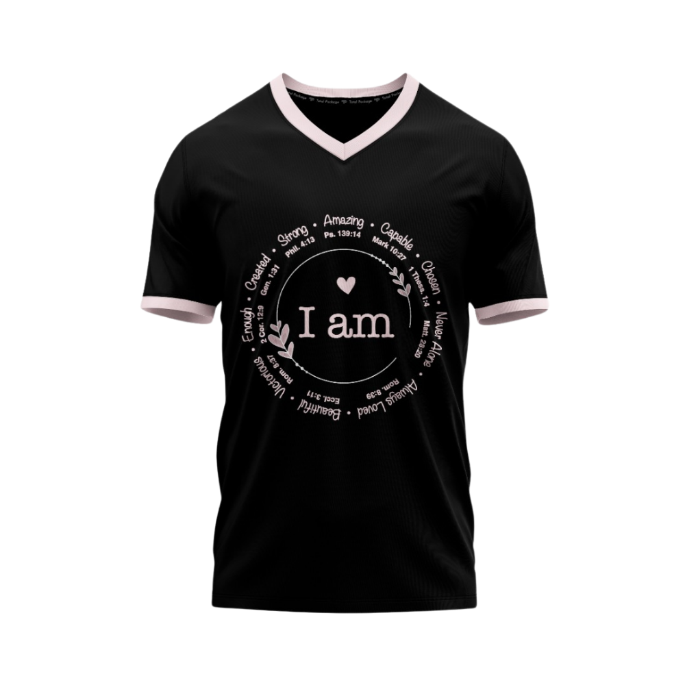 Black t-shirt with white text and design on a white background
