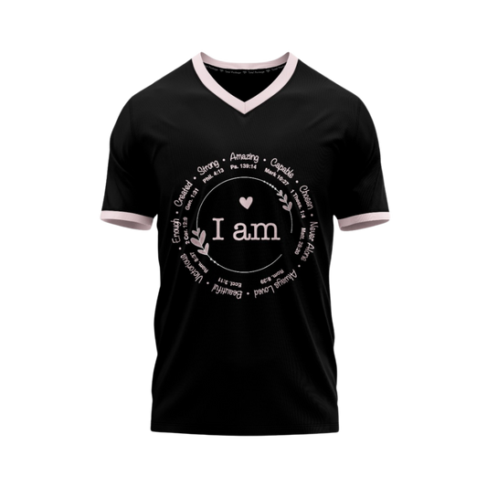 Black t-shirt with white text and design on a white background