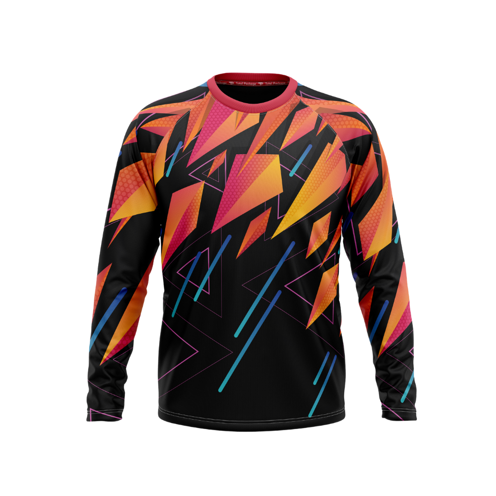 Colorful long-sleeve shirt with geometric pattern on a white background