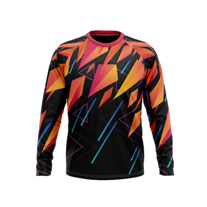 Colorful long-sleeve shirt with geometric pattern on a white background