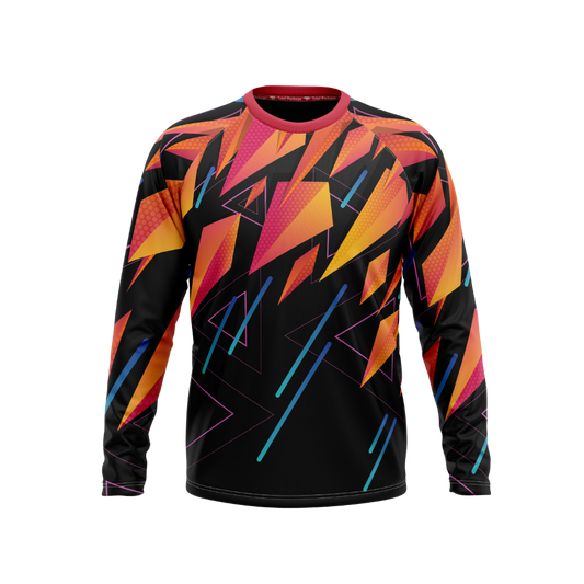 Colorful long-sleeve shirt with geometric pattern on a white background