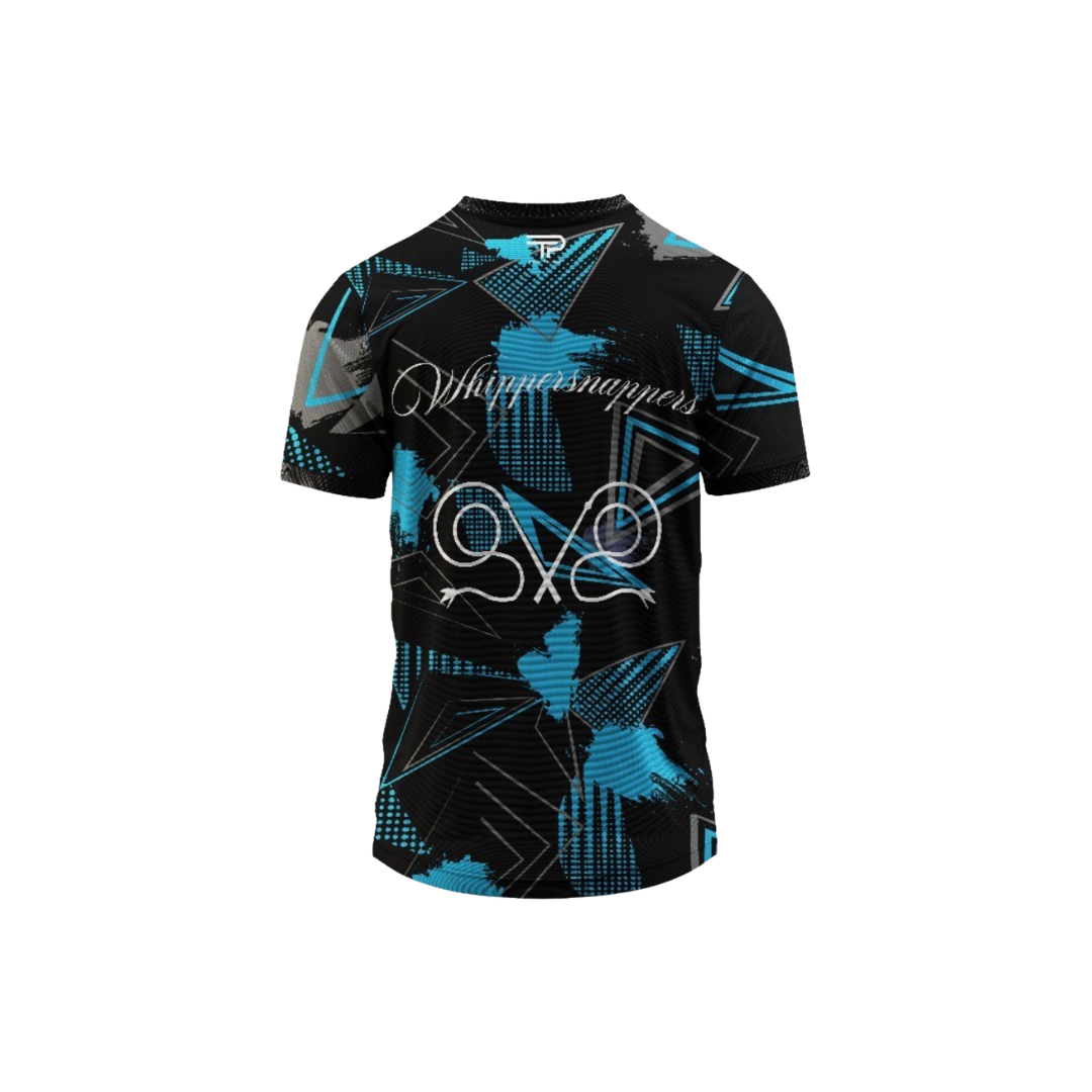 Black t-shirt with blue geometric patterns and branding on a white background