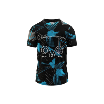 Black t-shirt with blue geometric patterns and branding on a white background