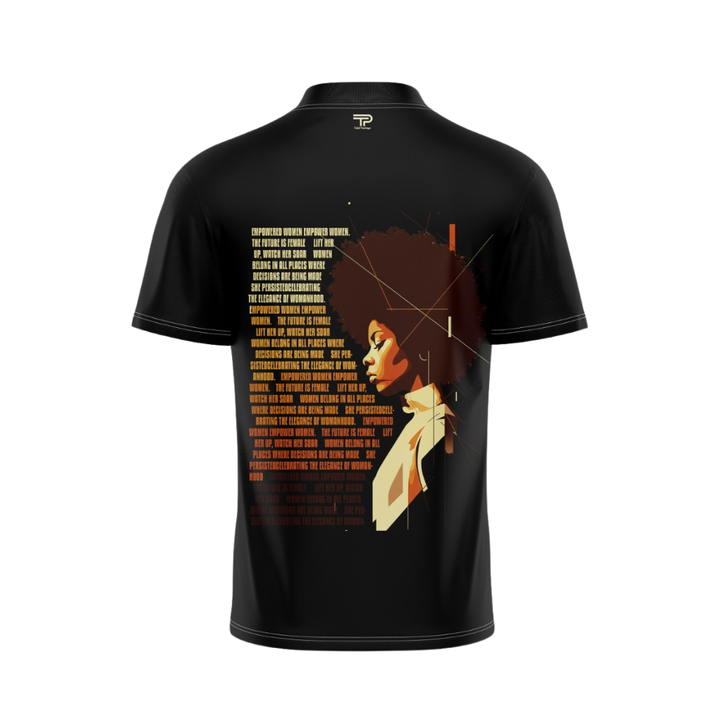 Black t-shirt with a graphic design of a woman's face and text on the back, on a white background.