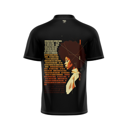 Black t-shirt with a graphic design of a woman's face and text on the back, on a white background.