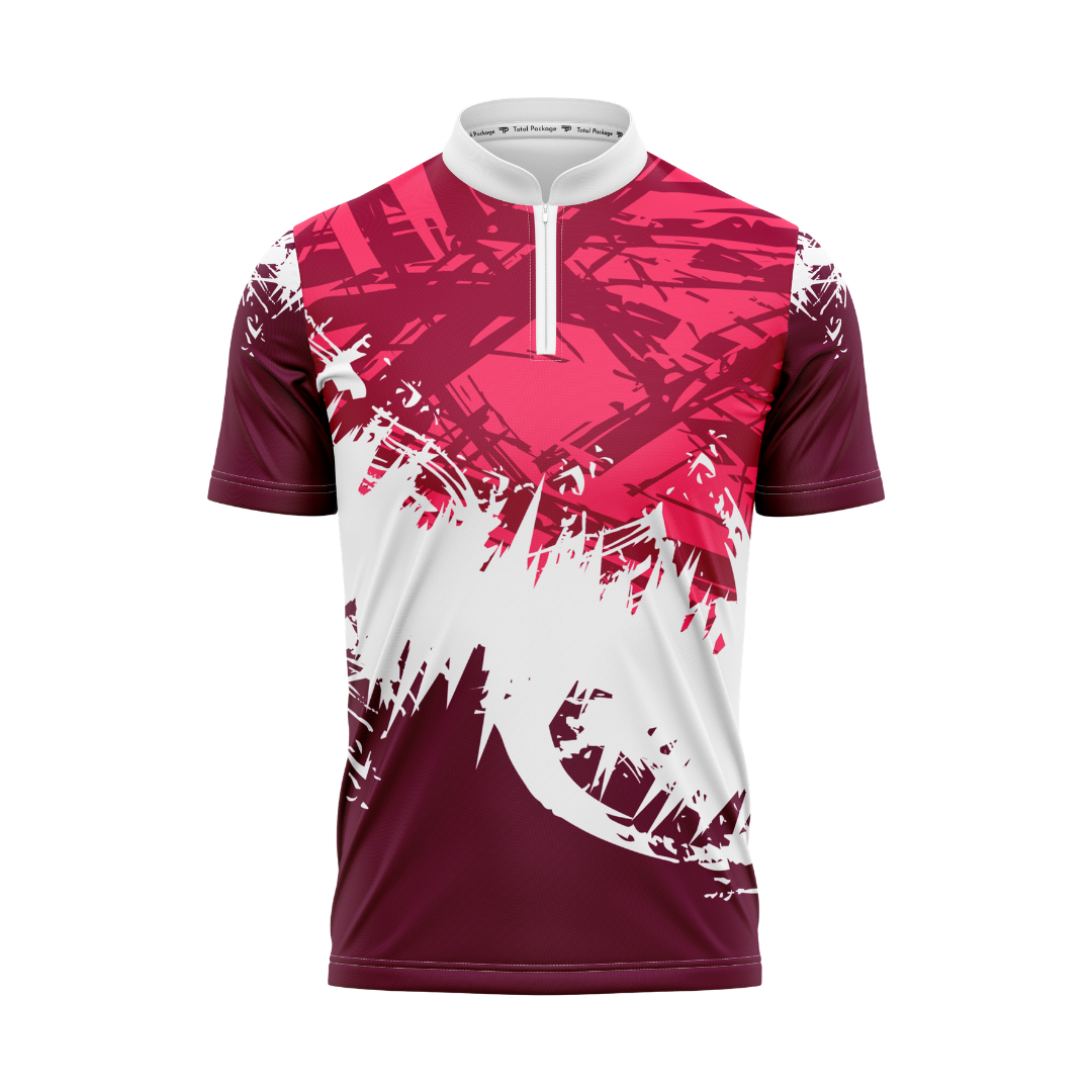 Maroon and pink sports jersey with white accents on a white background