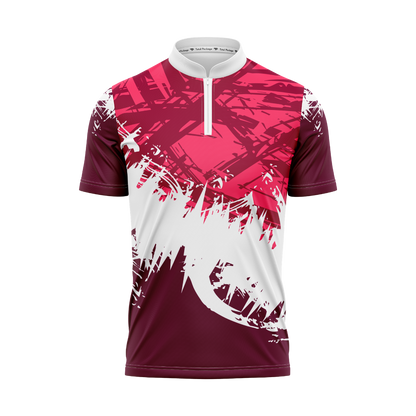 Maroon and pink sports jersey with white accents on a white background