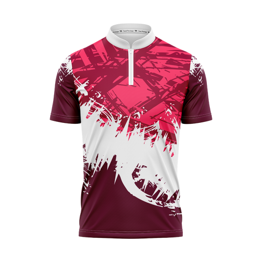 Maroon and pink sports jersey with white accents on a white background