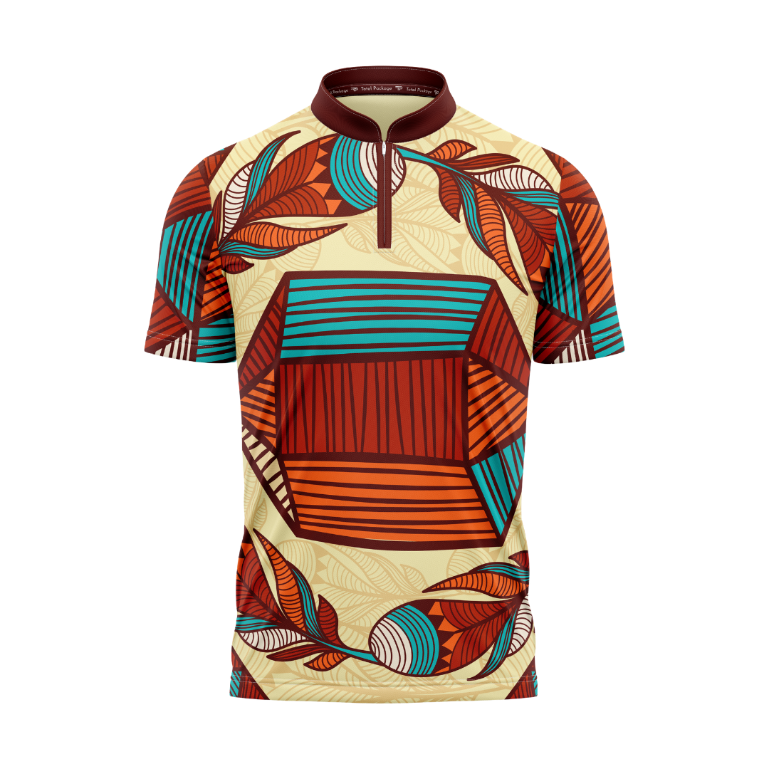 Colorful patterned shirt with geometric design on a white background