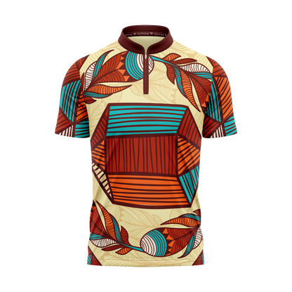 Colorful patterned shirt with geometric design on a white background