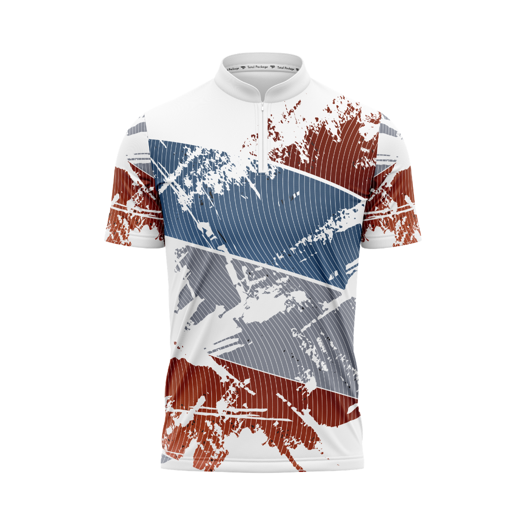 Cycling jersey with geometric pattern on a white background