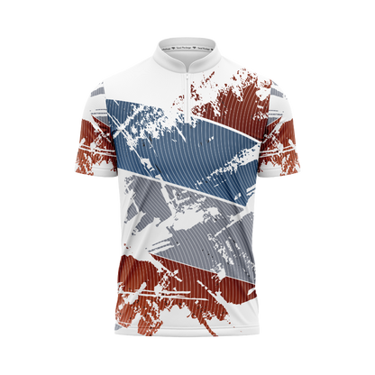 Cycling jersey with geometric pattern on a white background