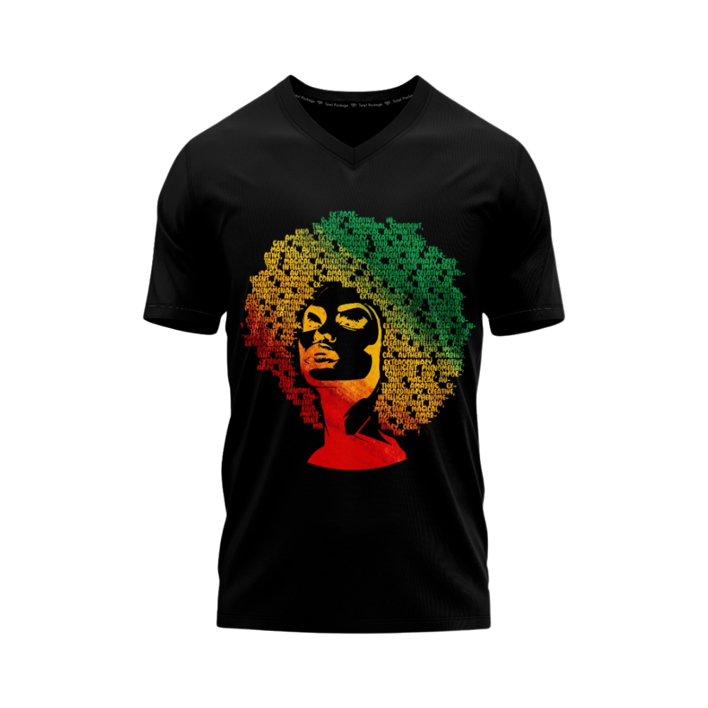 Black t-shirt with a colorful graphic of a face and afro on a white background