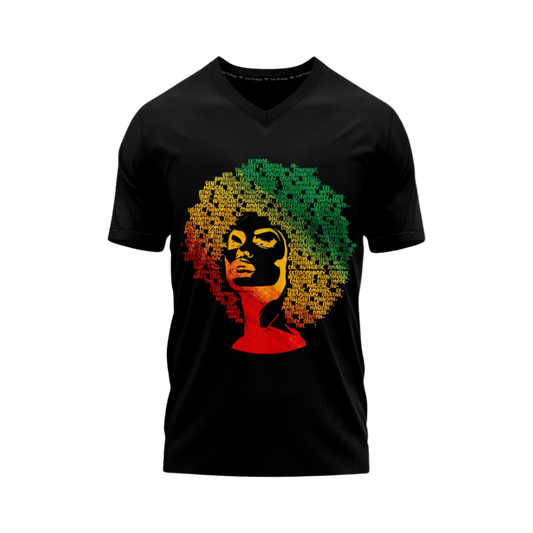 Black t-shirt with a colorful graphic of a face and afro on a white background