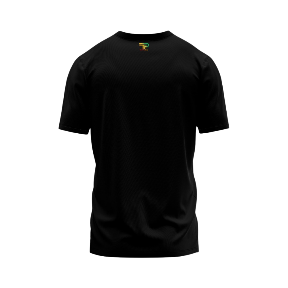 Black t-shirt with a logo on a white background