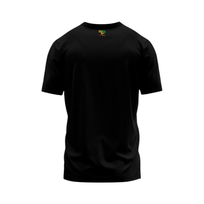 Black t-shirt with a logo on a white background