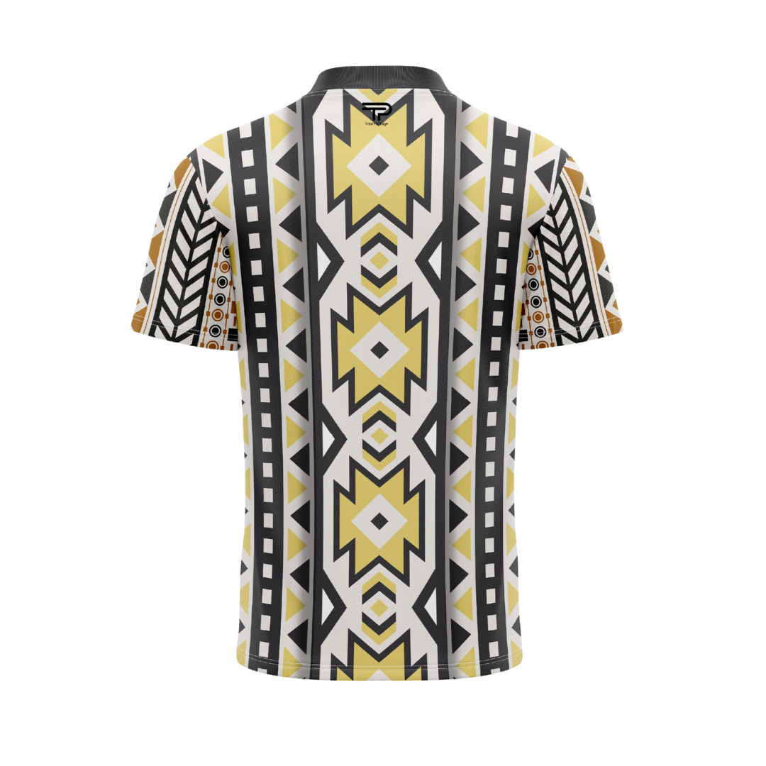 Short-sleeve shirt with geometric pattern on a white background