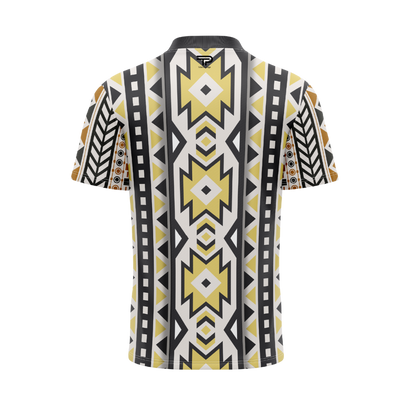 Short-sleeve shirt with geometric pattern on a white background