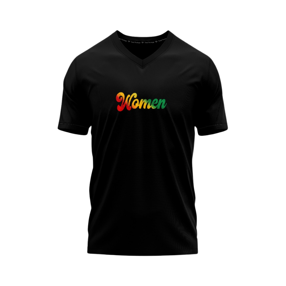 Black V-neck t-shirt with colorful 'Women' text on a white background