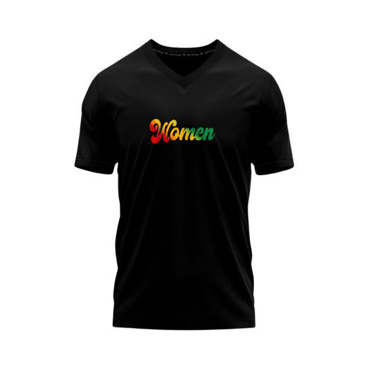Black V-neck t-shirt with colorful 'Women' text on a white background