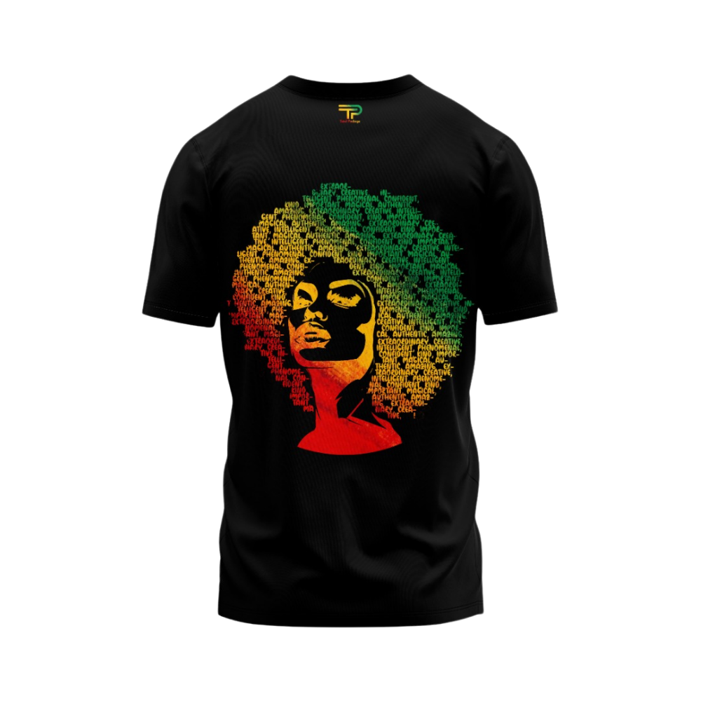 Black t-shirt with a colorful graphic of a face and text on a white background
