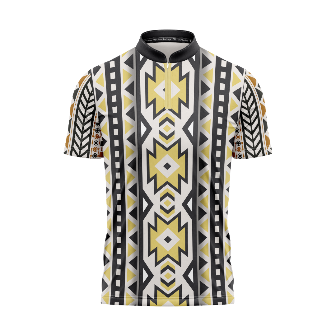 Short-sleeve shirt with geometric pattern on a white background