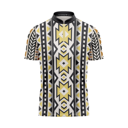 Short-sleeve shirt with geometric pattern on a white background