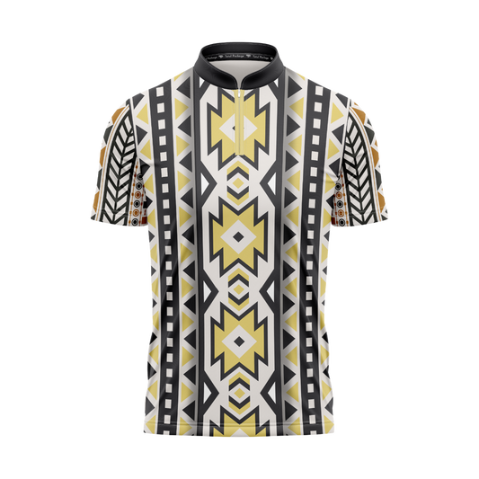 Short-sleeve shirt with geometric pattern on a white background