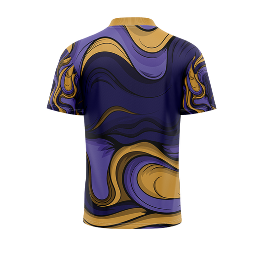 Short-sleeve shirt with purple and gold abstract pattern on a white background