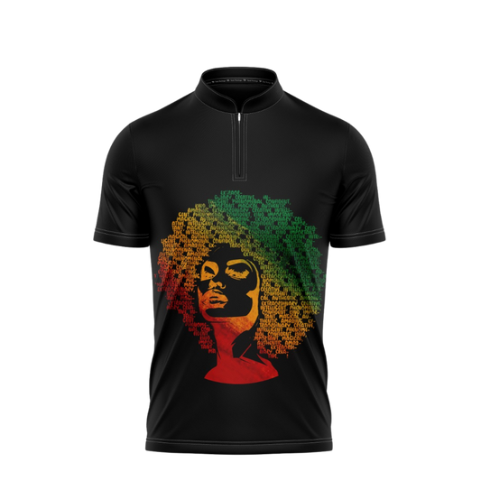 Black t-shirt with a colorful graphic of a woman's face on a white background