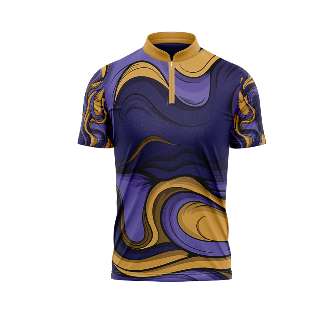 Purple and gold cycling jersey on a white background
