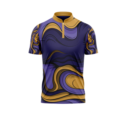 Purple and gold cycling jersey on a white background