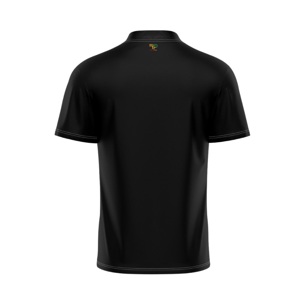 Black polo shirt with a logo on the chest against a white background