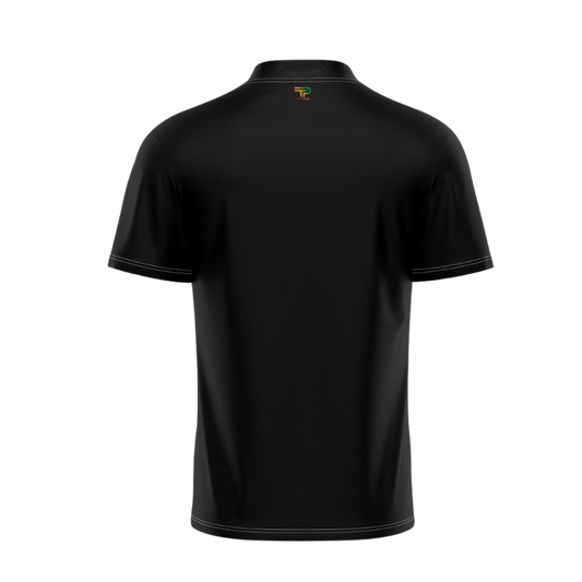 Black polo shirt with a logo on the chest against a white background