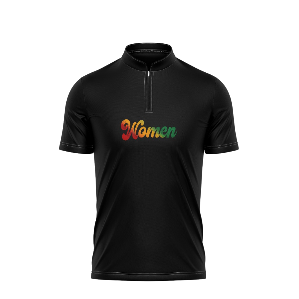 Black short-sleeve shirt with colorful text on a white background