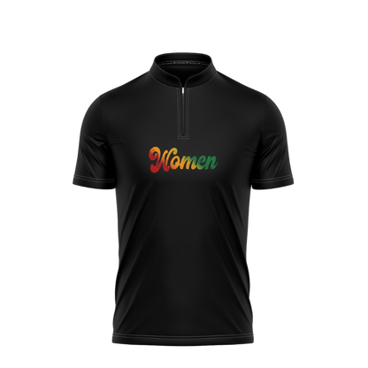 Black short-sleeve shirt with colorful text on a white background