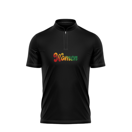 Black short-sleeve shirt with colorful text on a white background