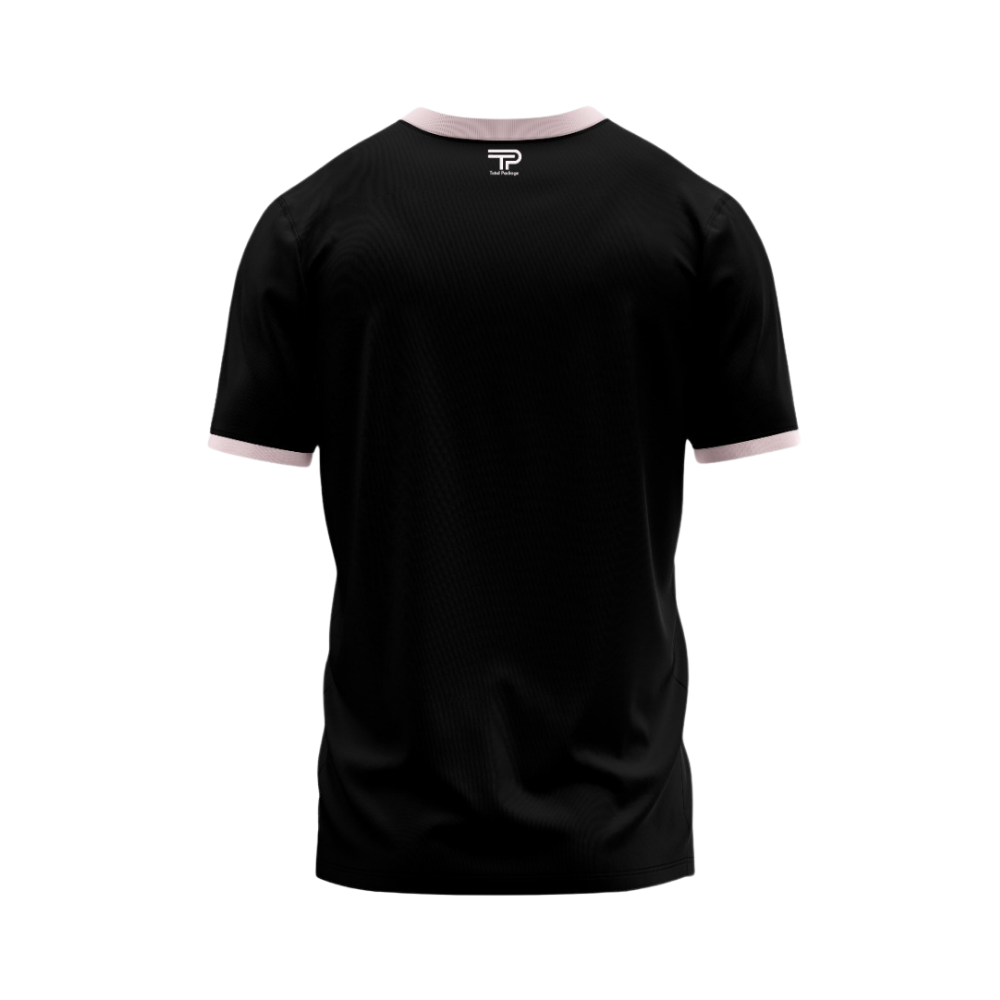 Black t-shirt with white trim on a white background