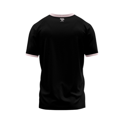 Black t-shirt with white trim on a white background