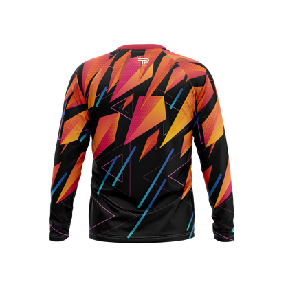 Colorful geometric patterned long-sleeve shirt on a white background