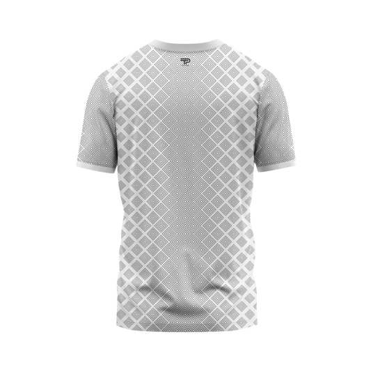 Gray t-shirt with geometric pattern on a white background