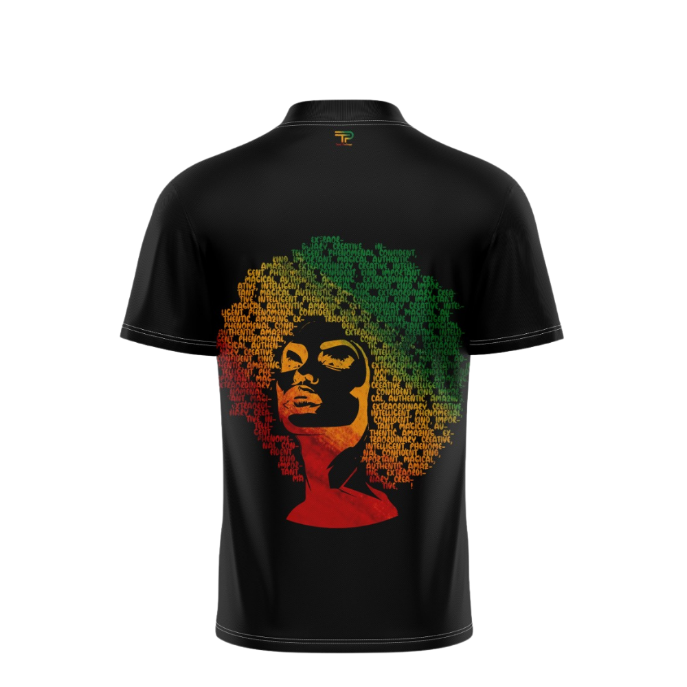 Black t-shirt with a colorful graphic of a face and afro on a white background