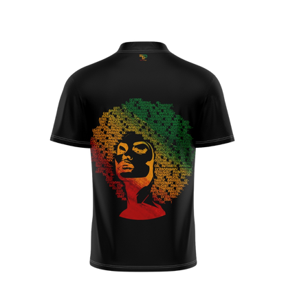 Black t-shirt with a colorful graphic of a face and afro on a white background