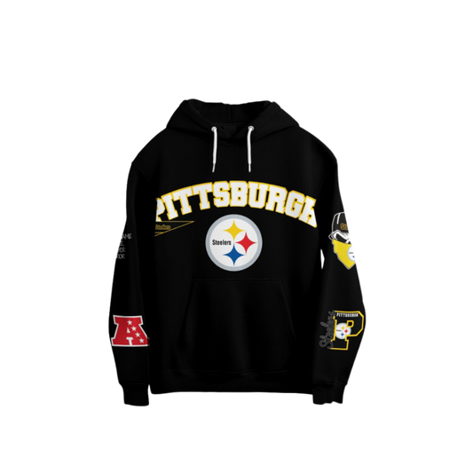 Black hoodie with 'Pittsburgh' text and team logo on a white background
