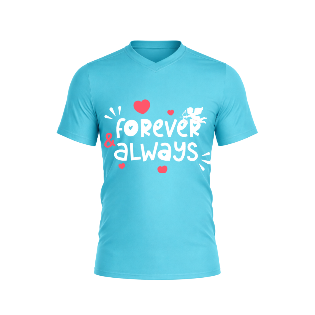Light blue t-shirt with 'forever & always' text and heart designs on a white background